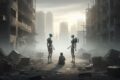 two andorids talking to each other, in an apocalyptic world, with a human watching, representing the dead internet