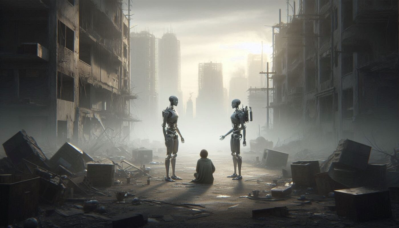 dos andorides hablando entre sí, en un mundo apocalíptico, con un humano mirando, en representación a la internet muerta