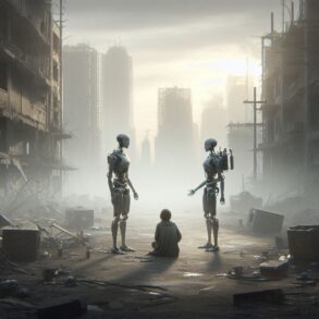 dos andorides hablando entre sí, en un mundo apocalíptico, con un humano mirando, en representación a la internet muerta