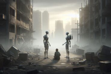 dos andorides hablando entre sí, en un mundo apocalíptico, con un humano mirando, en representación a la internet muerta