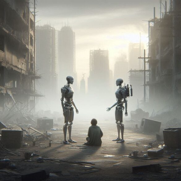 dos andorides hablando entre sí, en un mundo apocalíptico, con un humano mirando, en representación a la internet muerta
