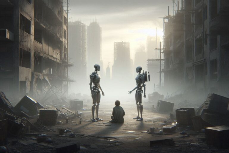 dos andorides hablando entre sí, en un mundo apocalíptico, con un humano mirando, en representación a la internet muerta