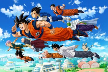 Imagen con varios personajes de Dragon Ball Z volando sobre una ciudad