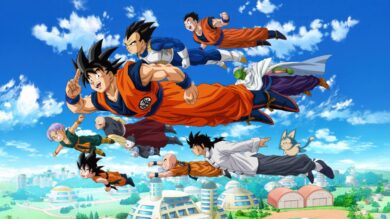 Image avec plusieurs personnages de Dragon Ball Z survolant une ville