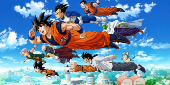 Imagen con varios personajes de Dragon Ball Z volando sobre una ciudad